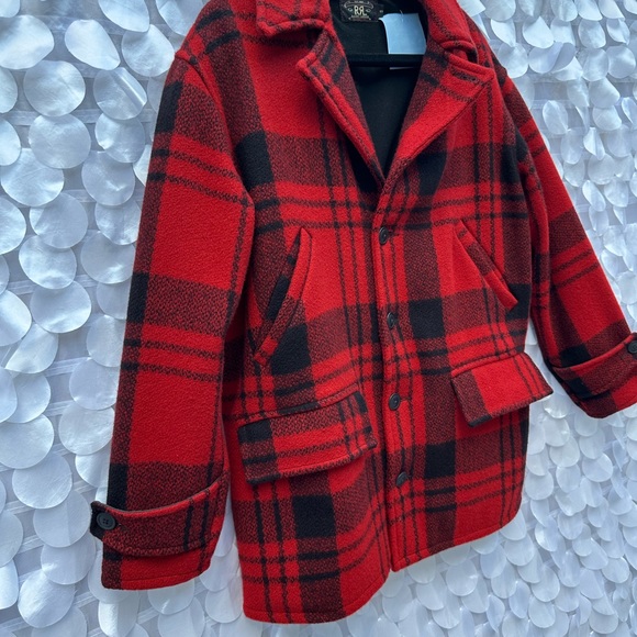 Ralph Lauren Double RL Mens Small 100% WOOL Red Black Buffalo plaid Coat - Picture 2 of 14